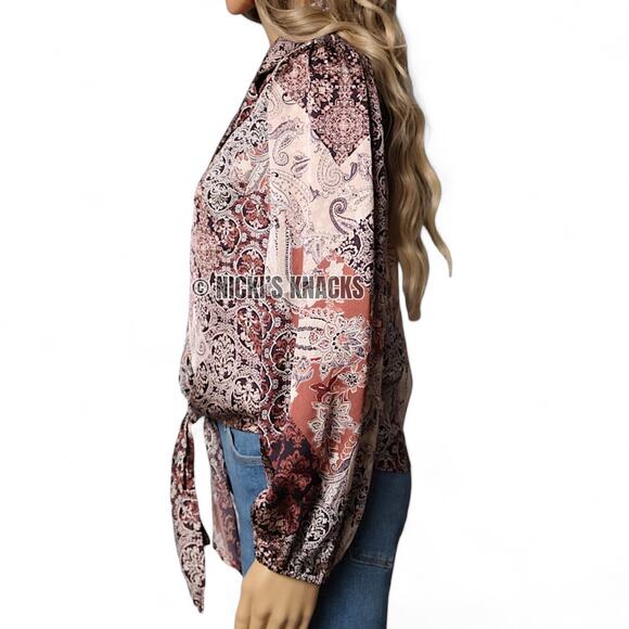 Eclair Satin Western Paisley Print Puff Sleeve Tie Front Blouse Plum Size S - Picture 4 of 10
